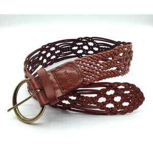 Fossil Belt Wn S Brown Leather Braided Woven Brass Buckle Boho Hippie Western